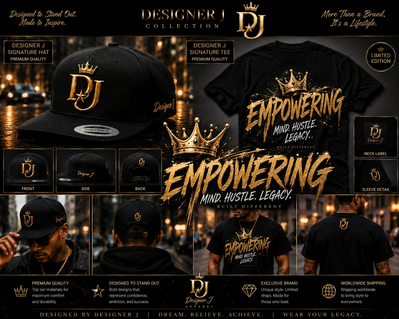 Designer J Empowering black and gold T-shirt collection